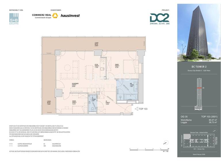 Wohnung zur Miete - Erstbezug 1.933 € 3 Zimmer 80,5 m² 35. Geschoss frei ab 01.11.2026 Wien 1220