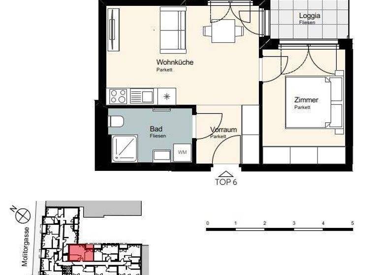 Wohnung zur Miete - Erstbezug 659 € 2 Zimmer 38,4 m² 1. Geschoss Wien 1110