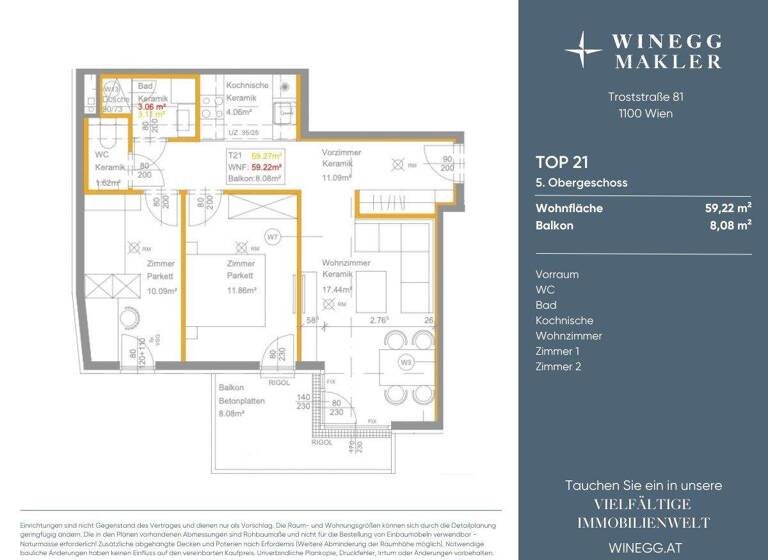 Wohnung zur Miete - Erstbezug 1.125 € 3 Zimmer 59,2 m² 5. Geschoss Troststraße 81 Wien 1100