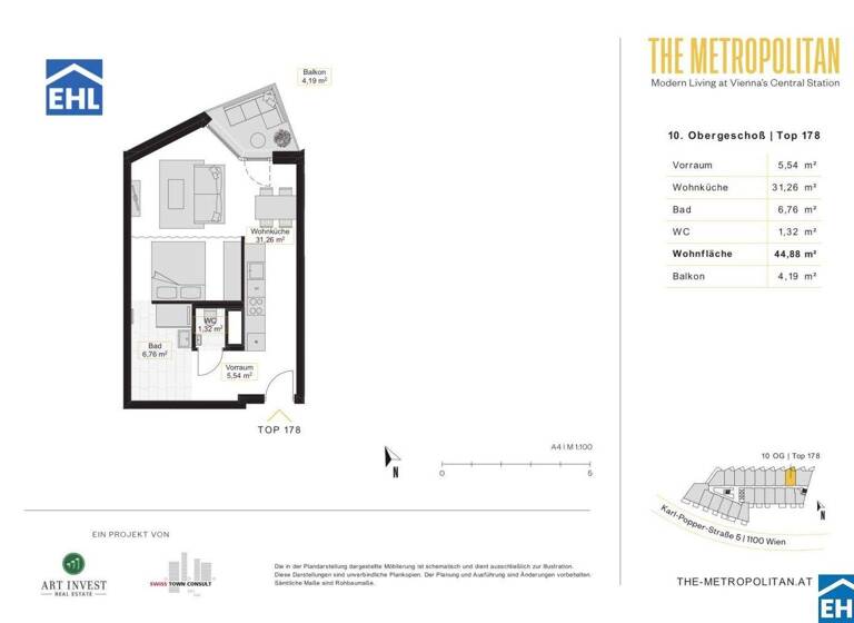 Studio zur Miete 642 € 1 Zimmer 44,9 m² 10. Geschoss Wien 1100