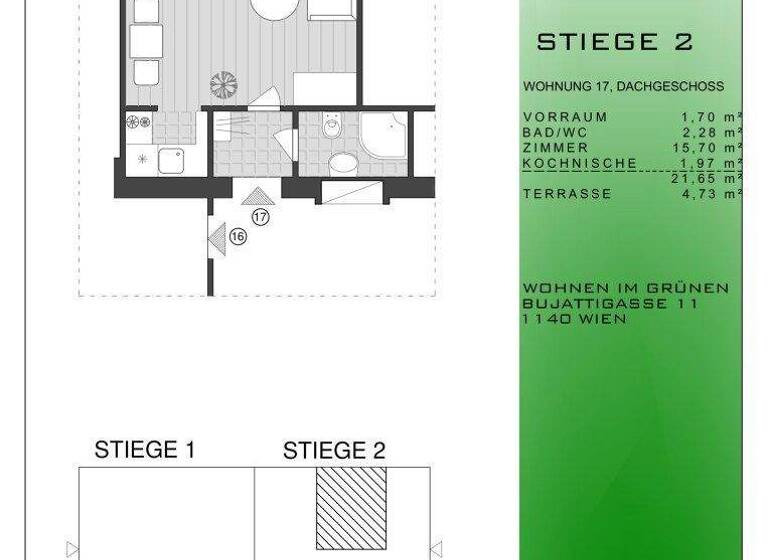 Studio zum Kauf - Erstbezug 148.900 € 1 Zimmer 22 m² 3. Geschoss Bujattigasse Wien 1140