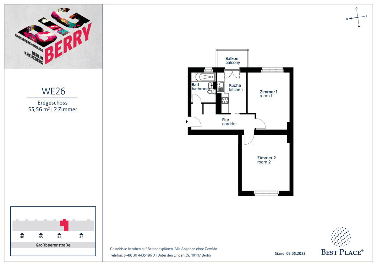 Wohnung zum Kauf provisionsfrei 218.000 € 2 Zimmer 55,6 m²<br/>Wohnfläche EG<br/>Geschoss Großbeerenstraße 44 Kreuzberg Berlin 10965