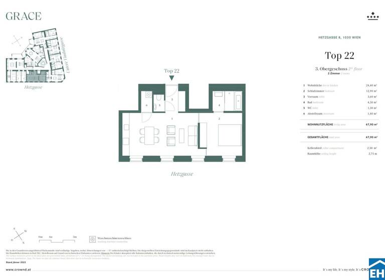 Wohnung zum Kauf - Erstbezug 477.170 € 2 Zimmer 48,4 m² 3. Geschoss Hetzgasse Wien 1030