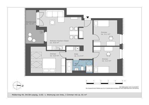 Wohnung zur Miete 1.058 € 3 Zimmer 81,4 m²<br/>Wohnfläche 3.<br/>Geschoss Müllerring 44 Lindenthal Leipzig 04158