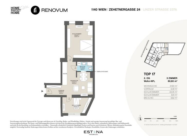 Wohnung zum Kauf - Erstbezug 349.000 € 3 Zimmer 61 m² 2. Geschoss Zehetnergasse 24 / Linzer Straße 237A Wien 1140