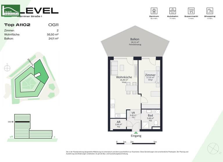 Wohnung zur Miete - Erstbezug 791 € 2 Zimmer 56,5 m² 11. Geschoss frei ab 01.05.2026 Kärntner Straße 1 Gries Graz 8020