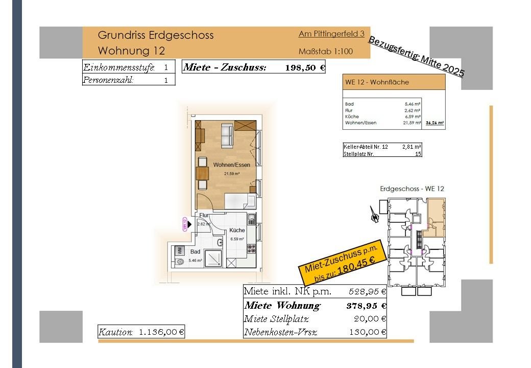 Wohnung zur Miete 199 € 1 Zimmer 36,3 m²<br/>Wohnfläche EG<br/>Geschoss Am Pittingerfeld 3 Wörth Wörth an der Donau 93086