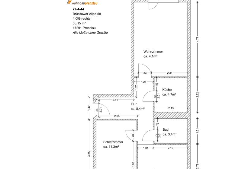 Wohnung zur Miete 370 € 3 Zimmer 55,2 m²<br/>Wohnfläche 4.<br/>Geschoss Brüssower Allee 58 Prenzlau Prenzlau 17291