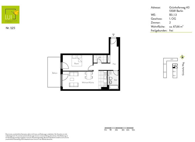 Wohnung zur Miete 1.100 € 2 Zimmer 68,4 m² 1. Geschoss Grünhofer Weg 40 Spandau Berlin 13581