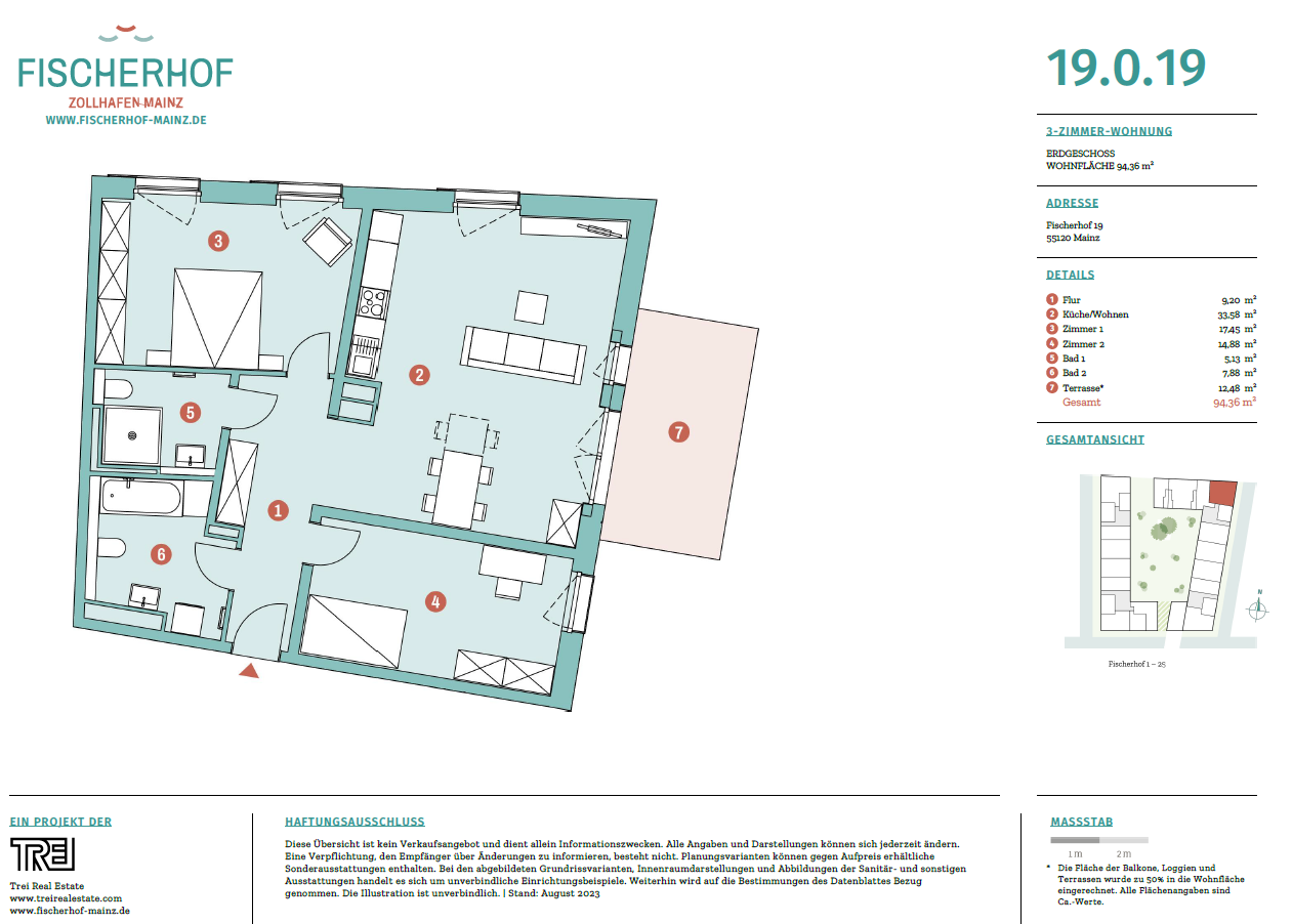 Wohnung zur Miete 1.895 € 3 Zimmer 94,3 m²<br/>Wohnfläche EG<br/>Geschoss Fischerhof 1-25 Neustadt Mainz 55120