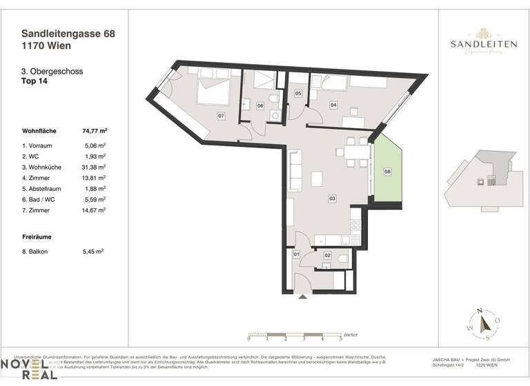 Wohnung zum Kauf - Erstbezug 639.000 € 3 Zimmer 74,8 m² 3. Geschoss Wien 1170