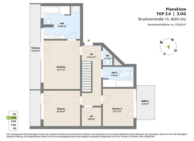 Penthouse zum Kauf 788.000 € 4 Zimmer 139,4 m² 3. Geschoss Brucknerstraße 15 Waldegg Linz 4020