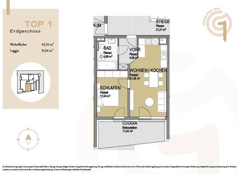Wohnung zum Kauf - Erstbezug 199.000 € 2 Zimmer 42,5 m² EG Gartenstraße 1 Perg 4320
