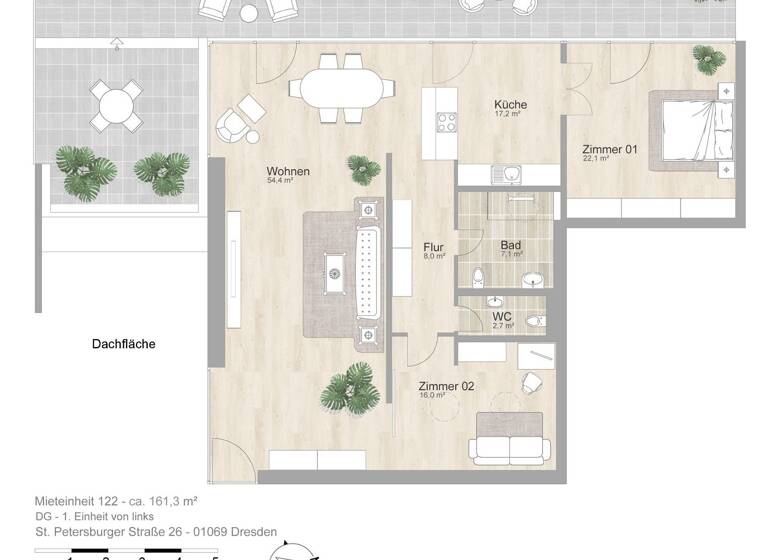 Wohnung zur Miete 1.610 € 3 Zimmer 152,9 m² 12. Geschoss St. Petersburger Str. 32 Seevorstadt-Ost/Großer Garten Dresden 01069