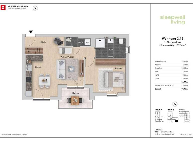 Wohnung zum Kauf - Neubau provisionsfrei als Kapitalanlage geeignet 404.800 € 2 Zimmer 57,9 m² Schulstraße 29-31 Hattersheim 65795