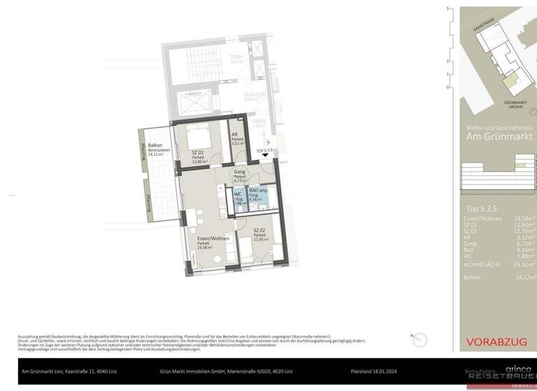 Wohnung zum Kauf - Erstbezug 522.159 € 3,5 Zimmer 65,6 m² 5. Geschoss Kaarstraße 11 und 13 Urfahr Linz 4040