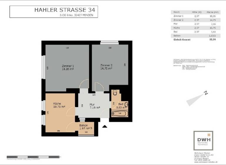 Wohnung zur Miete 525 € 2 Zimmer 54,1 m² frei ab 01.07.2026 Hahler Str. 34 Innenstadt Minden 32427