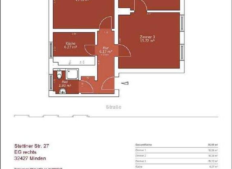 Wohnung zur Miete 599 € 3 Zimmer 57,1 m² frei ab sofort Stettiner Str. 27 Innenstadt Minden 32427