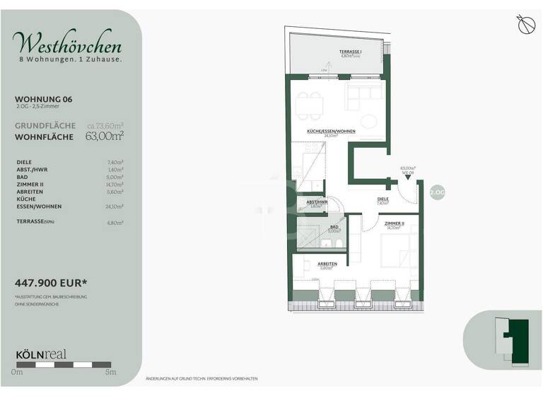 Wohnung zum Kauf - Erstbezug provisionsfrei 447.900 € 2,5 Zimmer 63 m² 2. Geschoss Oberstraße 55 Westhoven Köln 51149