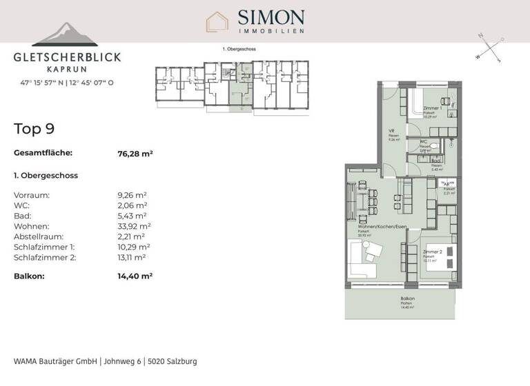 Wohnung zum Kauf - Erstbezug provisionsfrei 517.000 € 3 Zimmer 1. Geschoss frei ab 01.12.2026 Kellnerfeldstraße Kaprun 5710