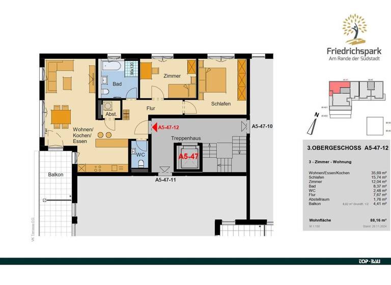 Wohnung zum Kauf - Erstbezug provisionsfrei 490.300 € 3 Zimmer 88,2 m² Vöhrenbacher Straße 47 Villingen Villingen-Schwenningen 78050