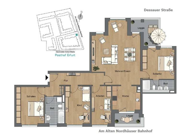 Wohnung zur Miete 2.041 € 5 Zimmer 141,7 m² 2. Geschoss frei ab sofort Am Alten Nordhäuser Bahnhof 32 Krämpfervorstadt Erfurt 99085