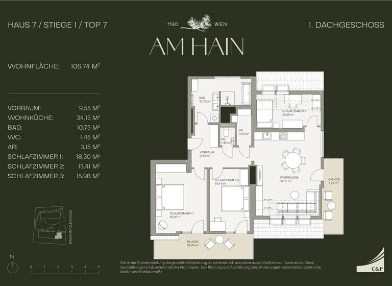 Wohnung zum Kauf - Erstbezug 1.090.000 € 4 Zimmer 106,7 m² 3. Geschoss Bauernfeldgasse Wien, Döbling / Wien 19., Döbling 1190