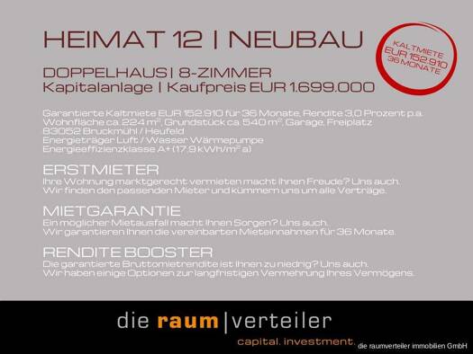 Doppelhaushälfte zum Kauf - Erstbezug 1.699.000 € 8 Zimmer 224 m² 540 m² Grundstück frei ab 01.06.2026 Hinrichssegen Bruckmühl 83052