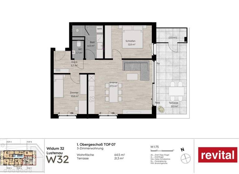 Terrassenwohnung zum Kauf - Erstbezug 496.500 € 4 Zimmer 65 m² 1. Geschoss Widum 32 Lustenau 6890