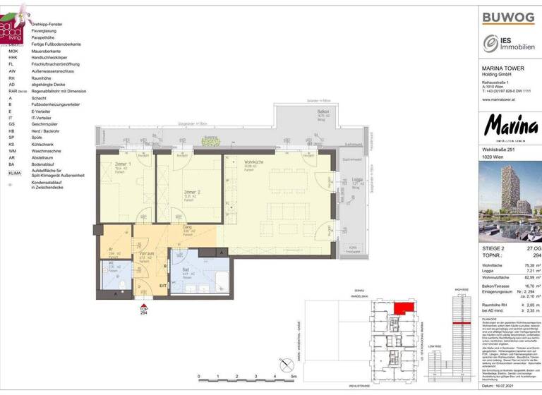 Wohnung zum Kauf 800.000 € 3 Zimmer 75,4 m² 27. Geschoss Wien 1020