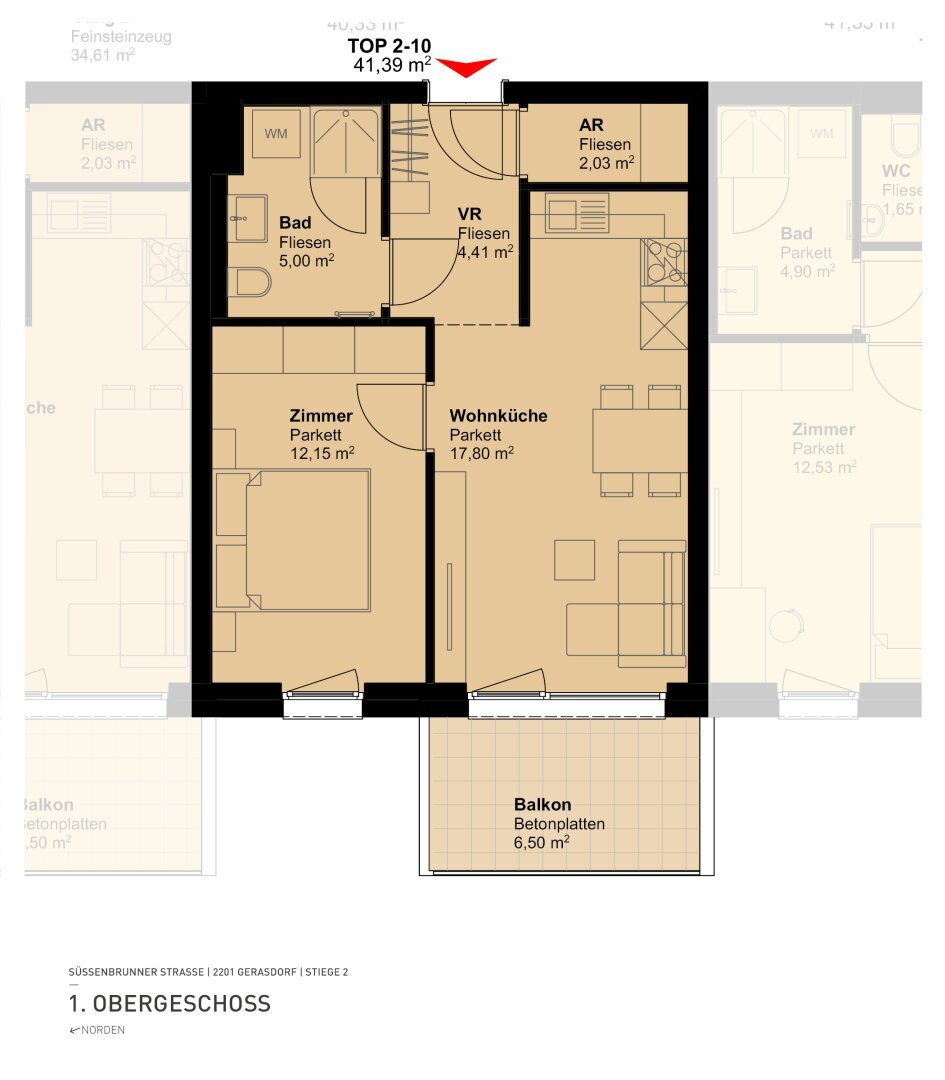 Wohnung zur Miete 647 € 2 Zimmer 41,4 m²<br/>Wohnfläche 1.<br/>Geschoss 01.03.2025<br/>Verfügbarkeit Süßenbrunner Straße 14-18 Gerasdorf bei Wien 2201