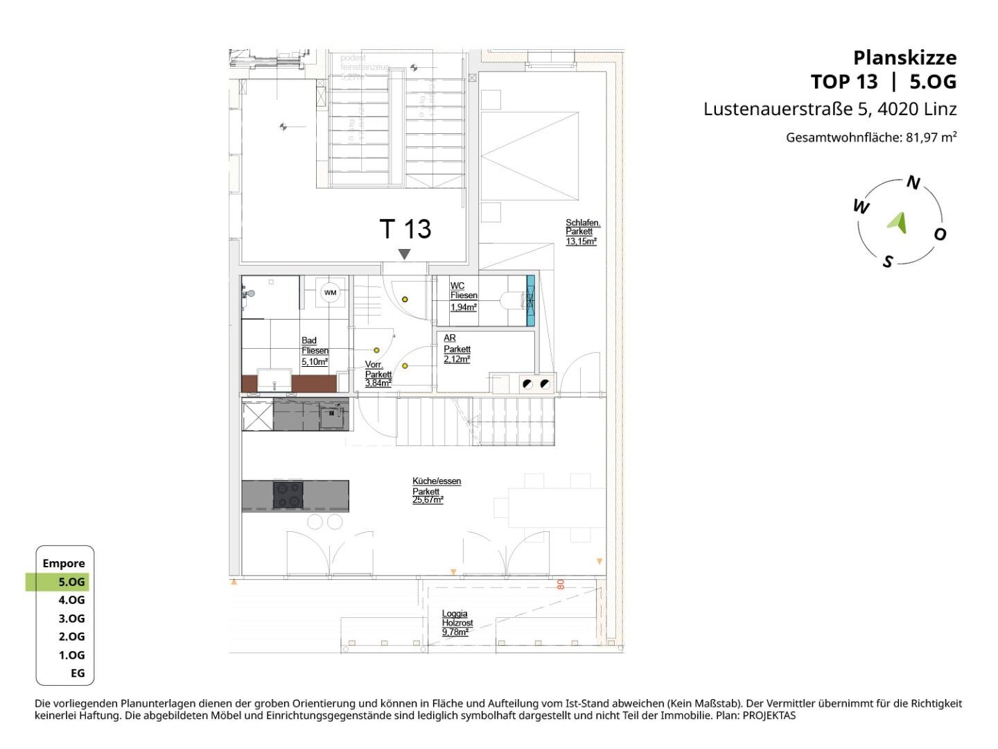 Penthouse zum Kauf 619.000 € 2,5 Zimmer 82 m²<br/>Wohnfläche 5.<br/>Geschoss Lustenauerstraße 5 Linz Linz 4020