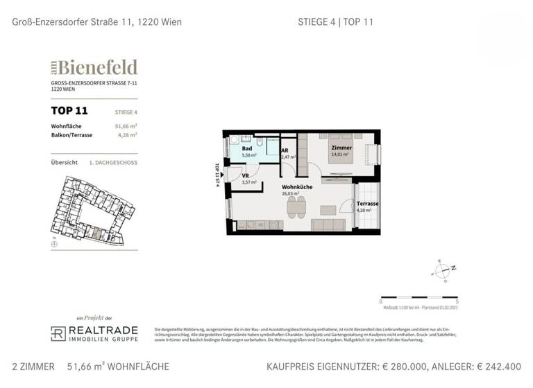 Wohnung zum Kauf 319.000 € 2 Zimmer 51,7 m² Wien 1220