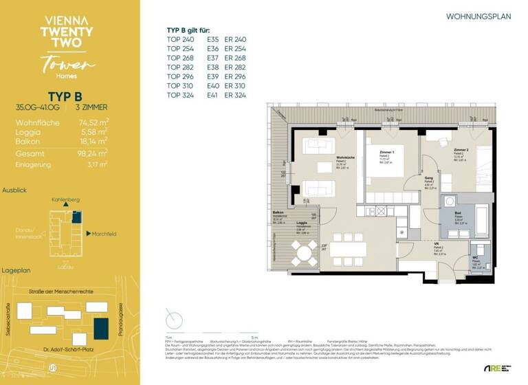 Wohnung zur Miete - Erstbezug 1.428 € 3 Zimmer 74,5 m² frei ab sofort Wien 1220