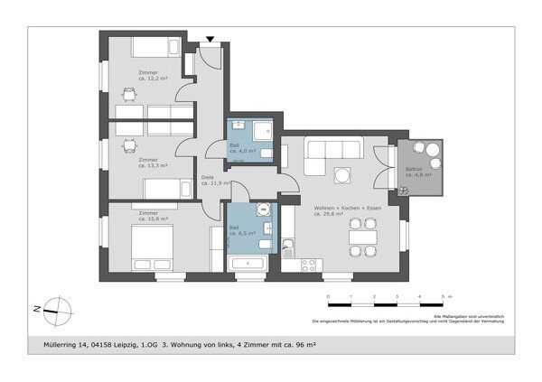 Wohnung zur Miete 1.198 € 4 Zimmer 95,9 m²<br/>Wohnfläche 1.<br/>Geschoss Müllerring 14 Lindenthal Leipzig 04158