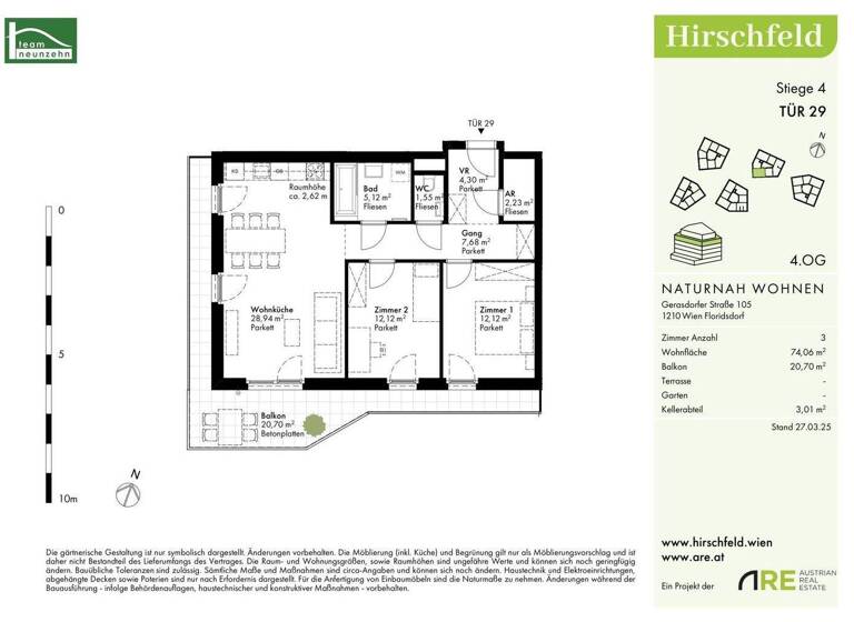 WG-Zimmer zum Kauf - Erstbezug provisionsfrei 415.800 € 3 Zimmer 74,1 m² 4. Geschoss Gerasdorfer Straße 105 Wien 1210