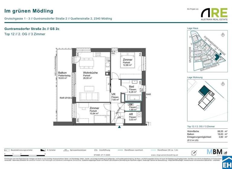 Wohnung zum Kauf - Erstbezug provisionsfrei 458.350 € 3 Zimmer 68,6 m² 2. Geschoss Guntramsdorfer Straße 2c Mödling 2340