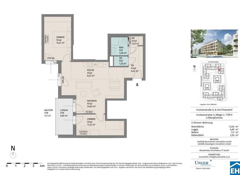 Wohnung zur Miete - Erstbezug 701 € 3 Zimmer 73,6 m² 2. Geschoss Fuchsenstraße Pixendorf 3451