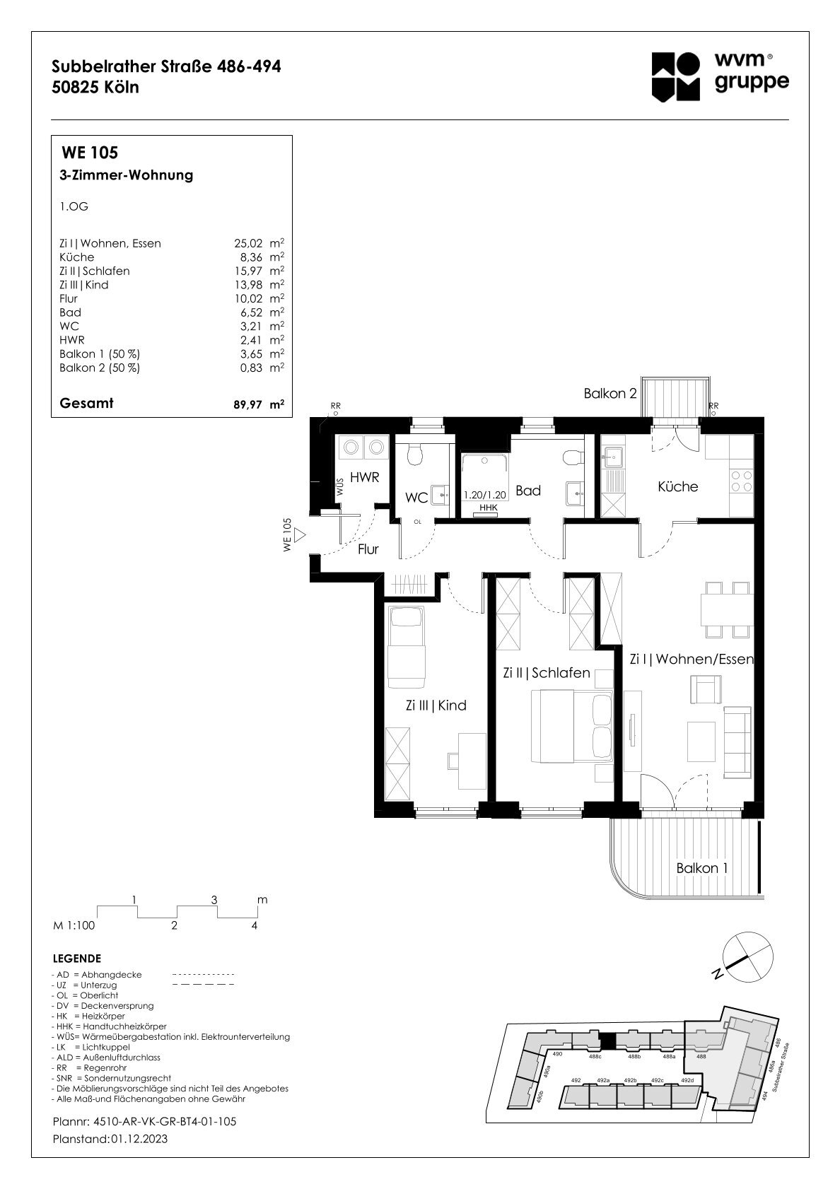 Wohnung zum Kauf provisionsfrei 564.900 € 3 Zimmer 90 m²<br/>Wohnfläche 1.<br/>Geschoss Subbelrather Str. 488c Ehrenfeld Köln 50825