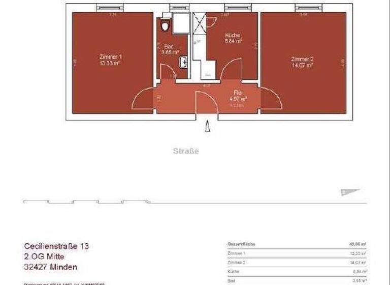 Wohnung zur Miete 475 € 2 Zimmer 41,9 m² frei ab sofort Cecilienstr. 13 Innenstadt Minden 32427