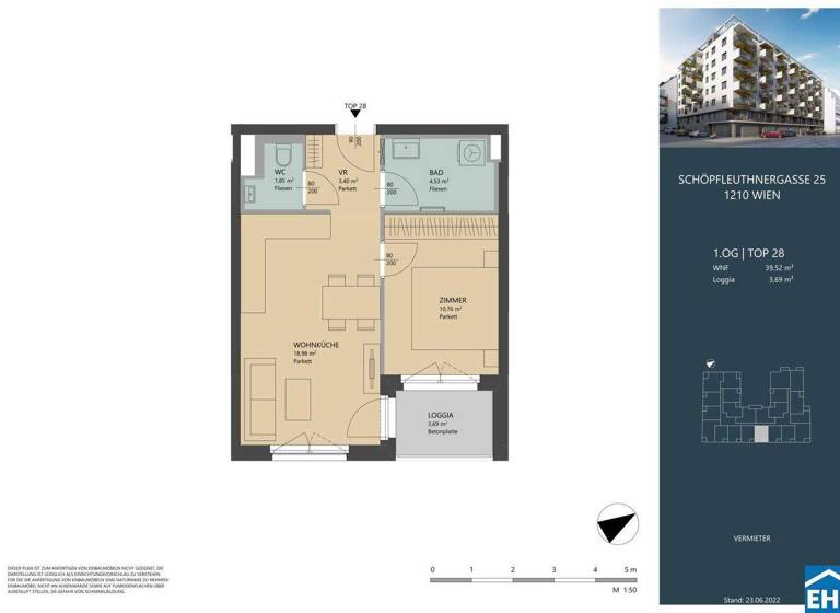 Wohnung zur Miete 727 € 2 Zimmer 39,5 m² 1. Geschoss frei ab 01.04.2026 Schöpfleuthnergasse Wien 1210