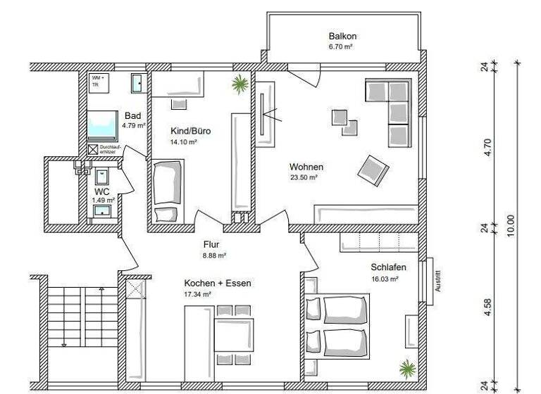 Wohnung zur Miete 1.350 € 3,5 Zimmer 89,5 m² 1. Geschoss Süd Stuttgart 70180