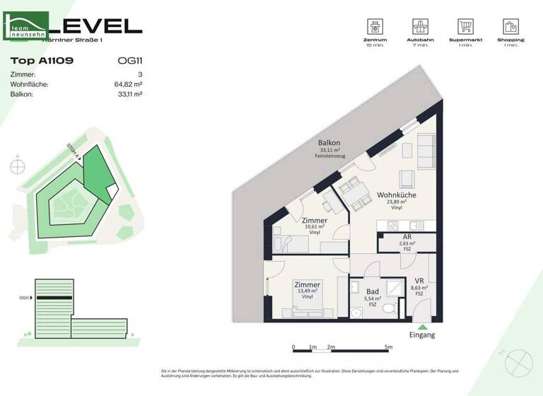 Wohnung zur Miete - Erstbezug 873 € 3 Zimmer 64,8 m² 11. Geschoss frei ab 01.05.2026 Kärntner Straße 1 Gries Graz 8020