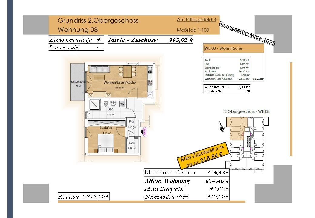 Wohnung zur Miete 356 € 2 Zimmer 55,1 m²<br/>Wohnfläche 2.<br/>Geschoss Am Pittingerfeld 3 Wörth Wörth an der Donau 93086