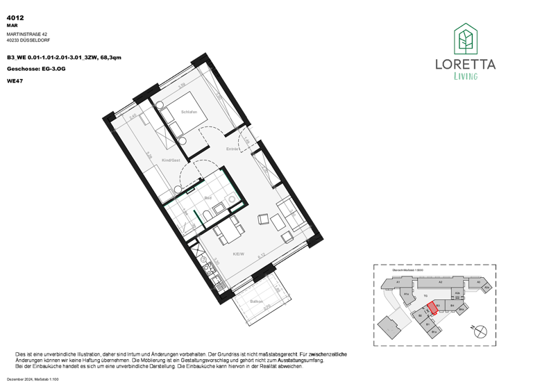Wohnung zur Miete - Erstbezug 1.515 € 3 Zimmer 68,2 m² 1. Geschoss Martinstr. 42e Bilk Düsseldorf 40223