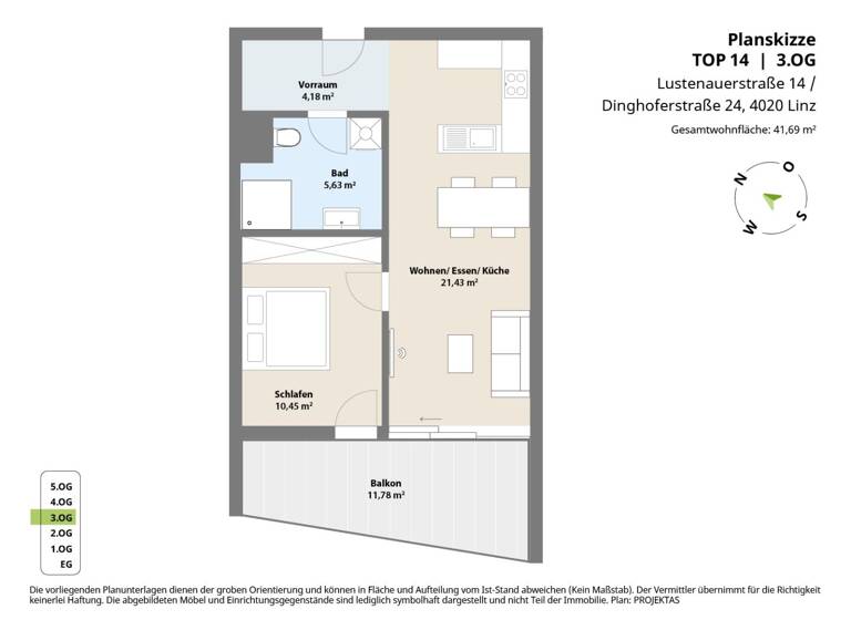 Wohnung zur Miete 713 € 2 Zimmer 41,7 m² 3. Geschoss frei ab 01.07.2026 Lustenauerstraße 14 Linz 4020