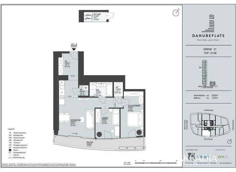 Terrassenwohnung zum Kauf 1.100.000 € 3 Zimmer 70 m² 31. Geschoss Wien 1220