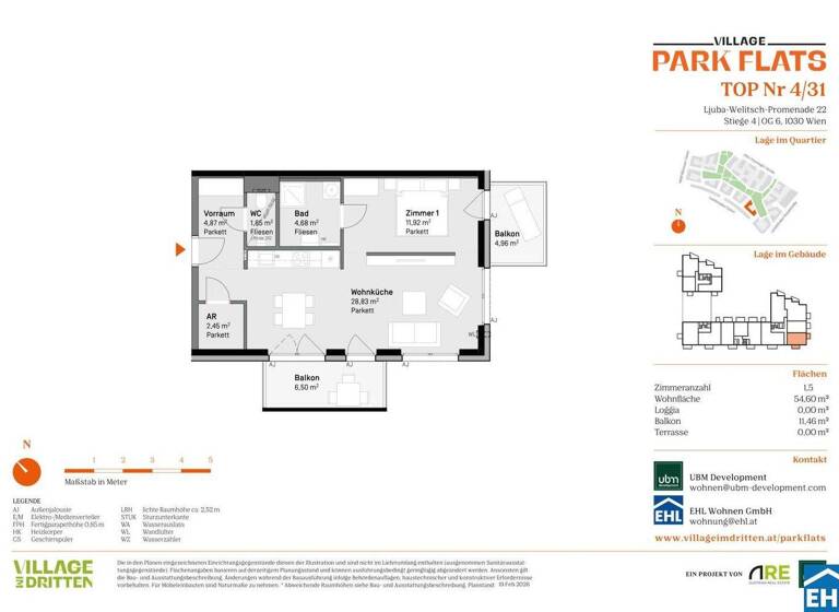 Wohnung zum Kauf - Erstbezug 417.000 € 2 Zimmer 54,6 m² 6. Geschoss Ljuba-Welitsch-Promenade 22 Wien 1030