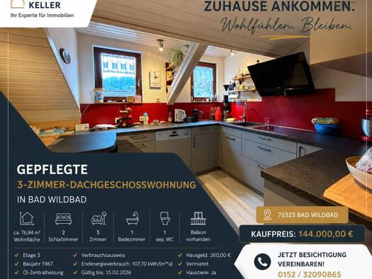 Wohnung zum Kauf 144.000 € 3 Zimmer 76,9 m² 3. Geschoss Flößerstraße 6 Calmbach Bad Wildbad 75323