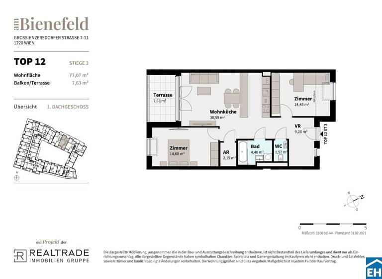 Wohnung zum Kauf - Erstbezug 388.495 € 3 Zimmer 77,1 m² 2. Geschoss Wimpffengasse Wien 1220